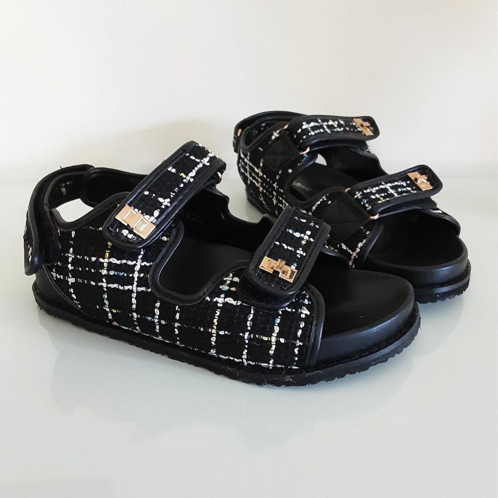 Public Desire Black Fabric Sandals Gold Buckles New with Box